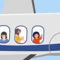 Children in headphones are flying on an airplane. Their faces are visible in the porthole. A fun journey. teenagers on Royalty Free Stock Photo