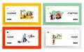 Children Help Mother to Clean Home Landing Page Template Set. Kids Helpers Characters Household Activity