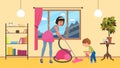 Children help parents with housework, mother with vacuum cleaner, boy son cleaning room Royalty Free Stock Photo