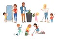 Children helping their parents with housework. Sweeping, vacuuming, washing floor, throwing out garbage, cleaning mirror