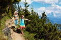 Children hiking in Alps mountains. Kids outdoor. Royalty Free Stock Photo