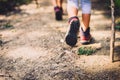 Children hiking in mountains or forest with sport hiking shoes. Royalty Free Stock Photo