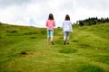 Children hiking in mountains or meadows with sport hiking shoes Royalty Free Stock Photo
