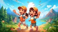 Children hiking in the nature illustration. Cartoon happy boy and girl hiking in the mountains. Royalty Free Stock Photo