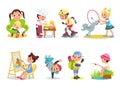 Children hobbies. Cartoon kids characters with different interests. Boys and girls with favorite attributes. Teenagers Royalty Free Stock Photo