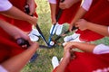 Children, hockey team and circle above with ball on green grass for sports, match or game together. Top view closeup of Royalty Free Stock Photo