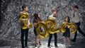 Five Children On Background Of Silver Scenery. Celebration.