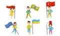 Children hold flags big flags of different countries. Vector illustration.