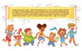 Children hold up a large poster with text. Colorful cartoon characters