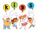 Children holding balloons with the word Kids. Funny vector illustration