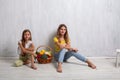 Children holding a basket of fresh fruit and vegetables healthy food Royalty Free Stock Photo