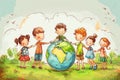 Children holding hands around large planet earth globe Royalty Free Stock Photo