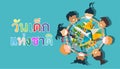 Children holding hands - thai alphabet text, childrens day national, translation - airplane, world, building in the city, buddha s