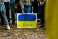 Children holding a sign Stop war in Ukraine at a protest against war in Ukraine in Baden Baden, Germany