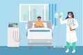 Children hospital room. Sick boy lying in bed, female nurse standing next to drip, flat vector illustration. Kids health