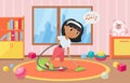 Children housekeeping, household chores, girl child with vacuum cleaner doing cleanup Royalty Free Stock Photo