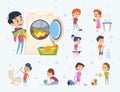 Children housework. Little kids boys and girls helping sweeping showering floor wash furniture and toys vector cartoons