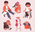 Children hugging cats flat icons set. Cute children cuddle red, white and brown kittens, Play with pets