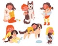 Children hugging dogs flat icons set. Cute children cuddle husky, poodle, corgi, beagle puppies. Play with pets