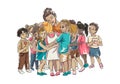 Children hugging their teacher or educator sitting down. Vector isolated illustration