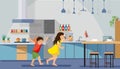 Happy Children Playing on Kitchen Flat Vector