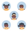 Children icons set. Five different images of black children. Baby girls and baby boys Royalty Free Stock Photo