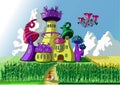 Children illustration fairytale mushroom castle in yellow-purple color on cornfield