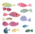 Children illustration of many different multicolored fish. Set of isolated underwater animals. Cheerful smiling kind sea