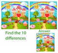 Children. The visual puzzle shows ten differences with of candy land with waffle and cream castle lollipops and