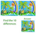 Children illustration. visual puzzle shows ten differences with turtles, butterflies and a giraffe in the jungle by a stream