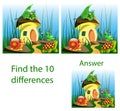 Children illustration. visual puzzle shows ten differences with turtles, mushroom house in the grass