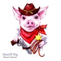 Children illustration. Watercolor sheriff pig in hat with revolver and lasso. Funny cowboy. Western style. Symbol of Royalty Free Stock Photo