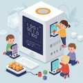 Children interact with a large, stylized computer tower featuring a Royalty Free Stock Photo