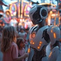 Children Interacting with a Friendly Robot in a Vibrant Fairground Royalty Free Stock Photo