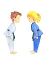 Children in a judo welcome. Colorful watercolor illustration artwork drawn by hand.