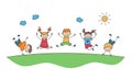 Children jump together. Funny jumping kids. Happy childhood. Doodle vector illustration