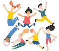 Children jumping, Boys and girls are playing together happily. The concept is fun and vibrant moments of childhood. Flat