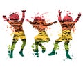 Children jumping. Colorful grunge silhouettes with splashes in watercolor style.