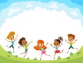 Children are jumping on the glade, bunner cartoon funny vector, illustration Royalty Free Stock Photo