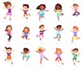 Children jumping, happy cute little cartoon kids. Excited children having fun together vector illustration set. Boys and girls Royalty Free Stock Photo