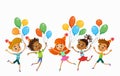 Children are jumping ob summer background bunner cartoon funny vector character. illustration