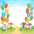 Children are jumping ob summer background bunner cartoon funny vector character. illustration Royalty Free Stock Photo