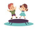 Children jumping on trampoline, laughing and having fun. Boy and girl playing. Happy kids on playground. Entertainment