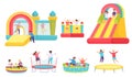 Children jumping on trampolines. Cartoon boys and girls in bouncy castle and inflatable trampoline. Kids in soft pool Royalty Free Stock Photo