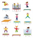 Children jumps on trampolines vector illustrations, active happy kids, child jumping, girl and boy playing isolated on