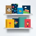 Children, kids Bookshelf. Front view of books cover standing on grey background with shadows.