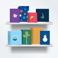 Children, kids Bookshelf. Front view of books cover standing on grey background with shadows.