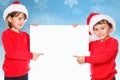 Children kids christmas Santa Claus snowing pointing looking empty copyspace