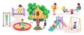 Children and kids playground in park, summer entertainment outdoor elements set of vector illustrations. Kids bars and Royalty Free Stock Photo