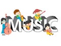 Children and kids playing and sitting on music text vector illustration